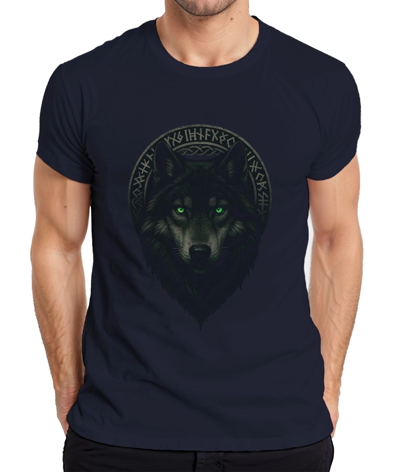 Wolf Head Rune Wreath Norse Wolf Mystic Gothic Fantasy Viking Mens T-Shirt