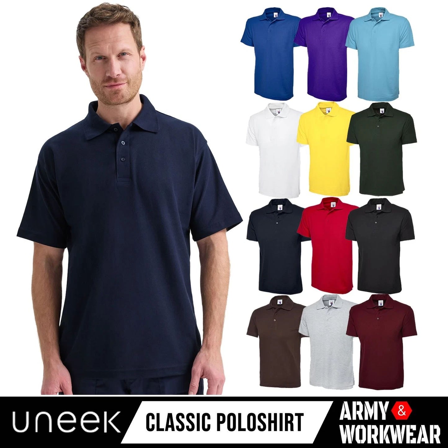 Uneek Mens Womens Classic Polo Shirt Plain Short Sleeve Collared Tee Casual Top