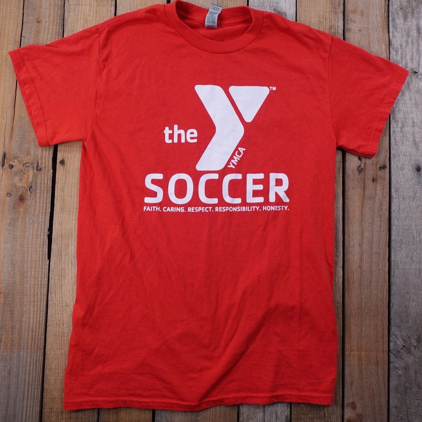 Gildan Men's Red Small Cotton Blend Crew Neck YMCA Soccer T-Shirt