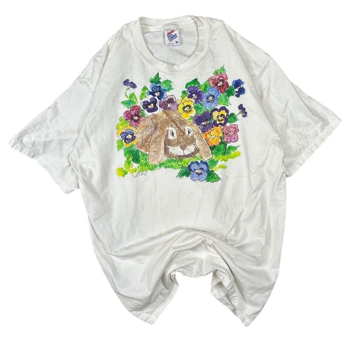 Vintage Jerzees Hand Painted Bunny Rabbit Floral T-Shirt White XL 90s Grandma