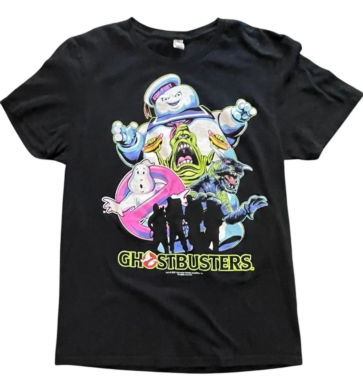 Ghostbusters Adult Small Slimer T-Shirt Black Neon Retro Logo