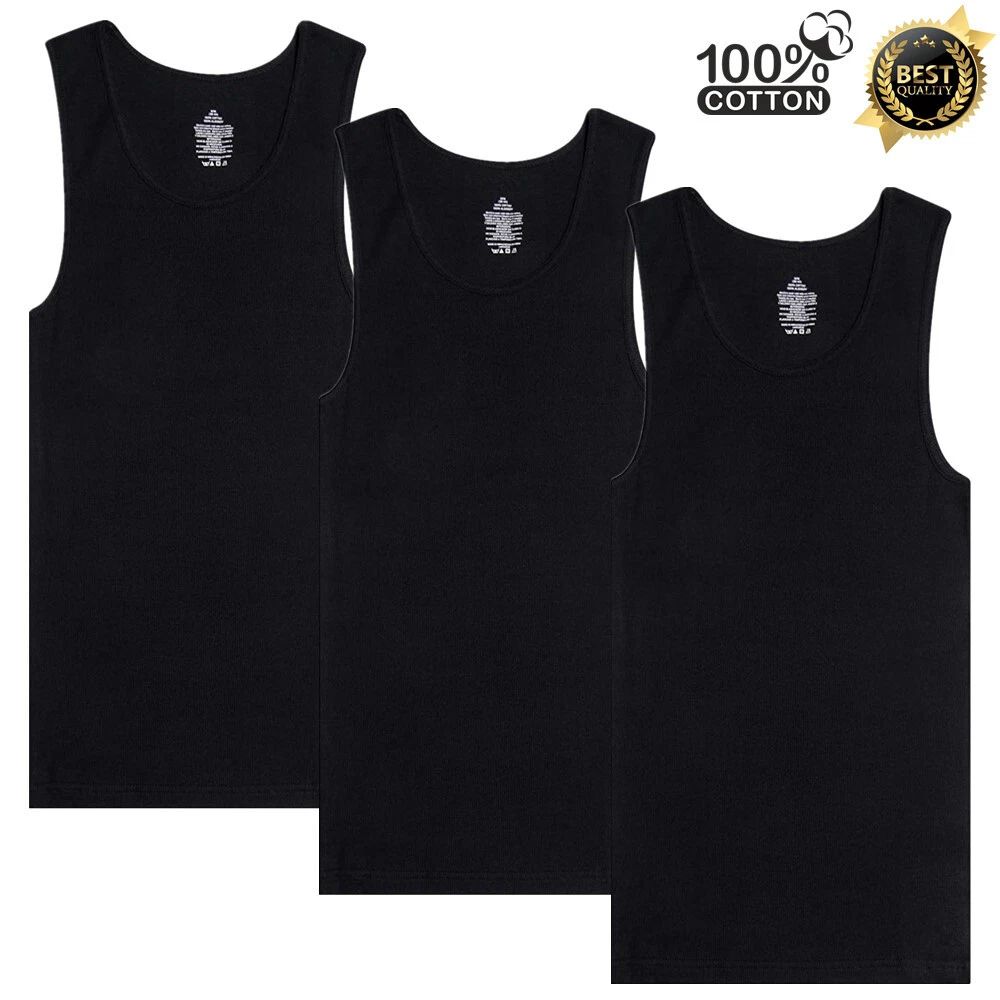 12 Packs Mens Tank top Ribbed Black A-Shirts 100% Cotton Undershirt Size S-2XL