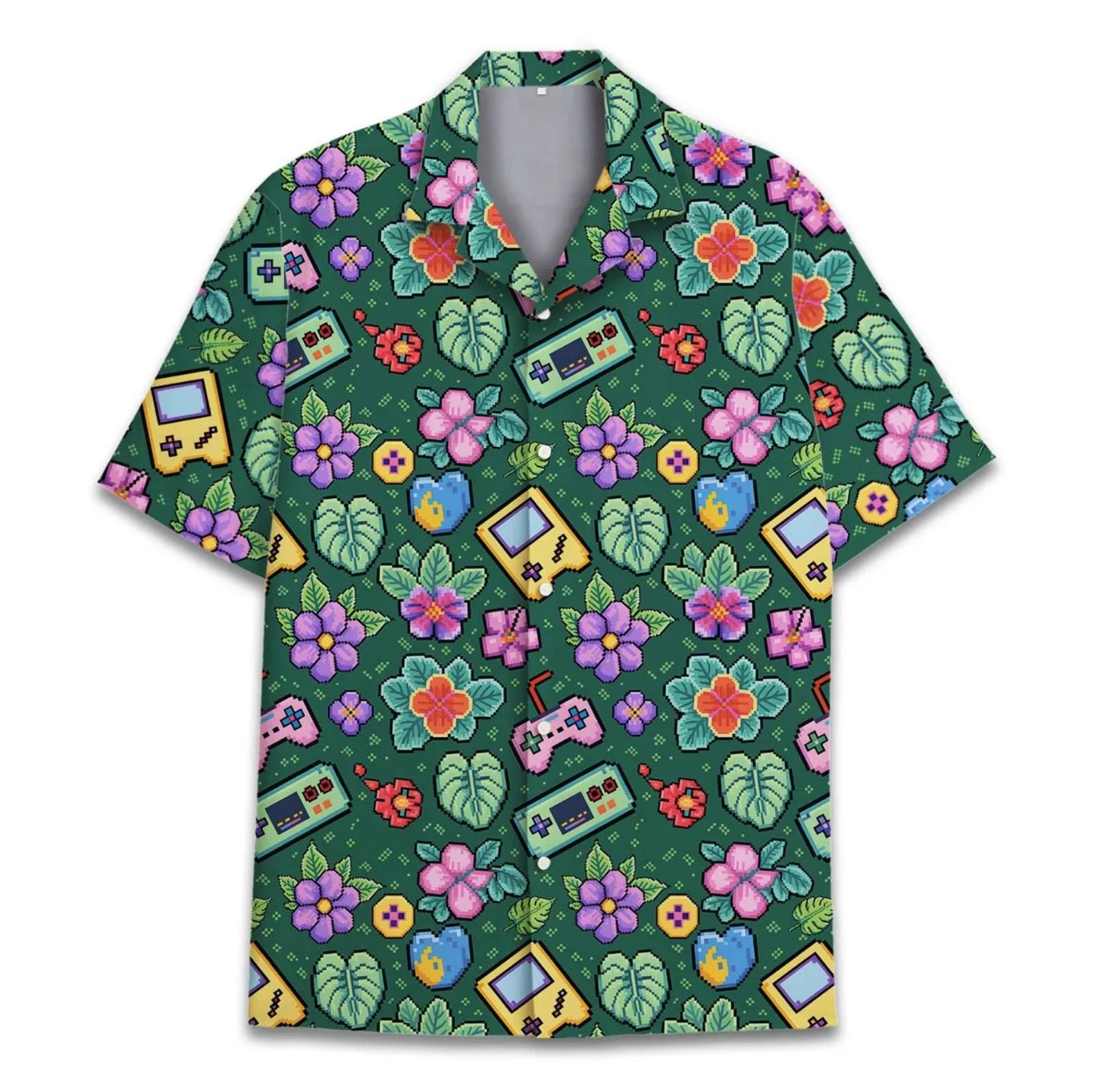 Retro Game Console Hawaiian Shirt Unisex, Pixel Art Floral Aloha Shirt