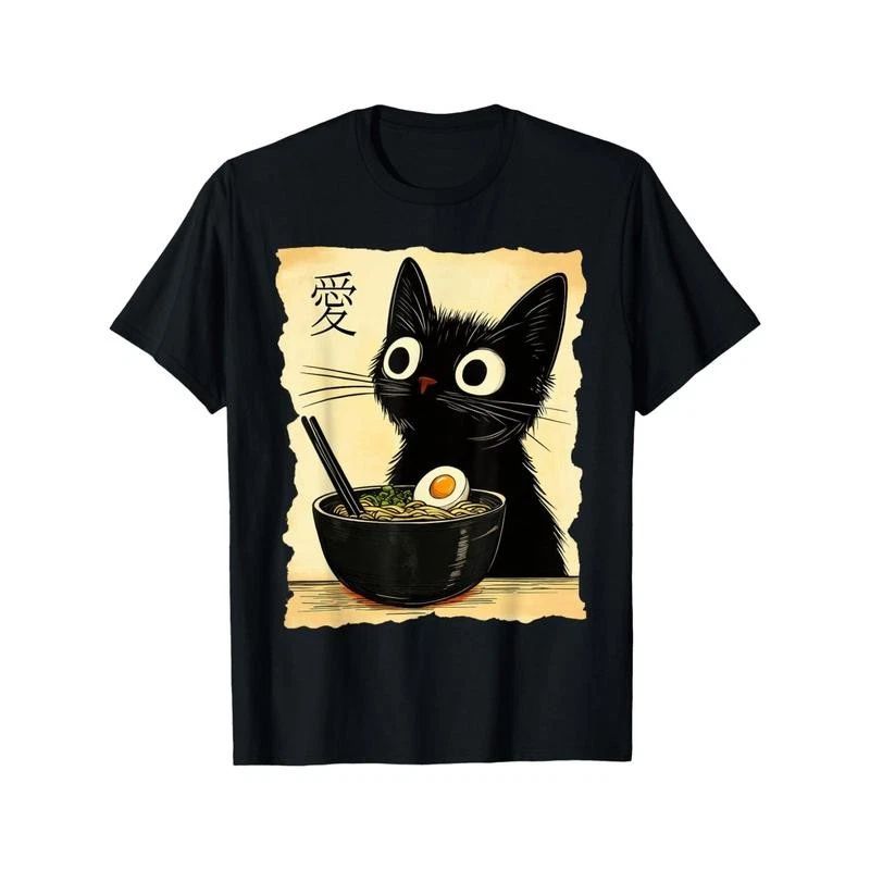 Men's Kawaii Anime Cat & Ramen Graphic T-Shirt - Japanese-Inspired Funny Design