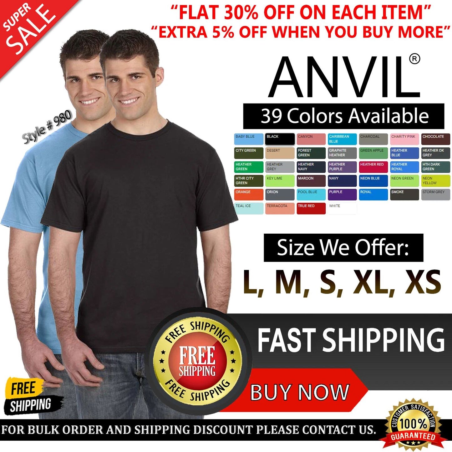 Anvil Men's Lightweight Cotton T Shirt Short Sleeves Crew Neck T-Shirt - 980