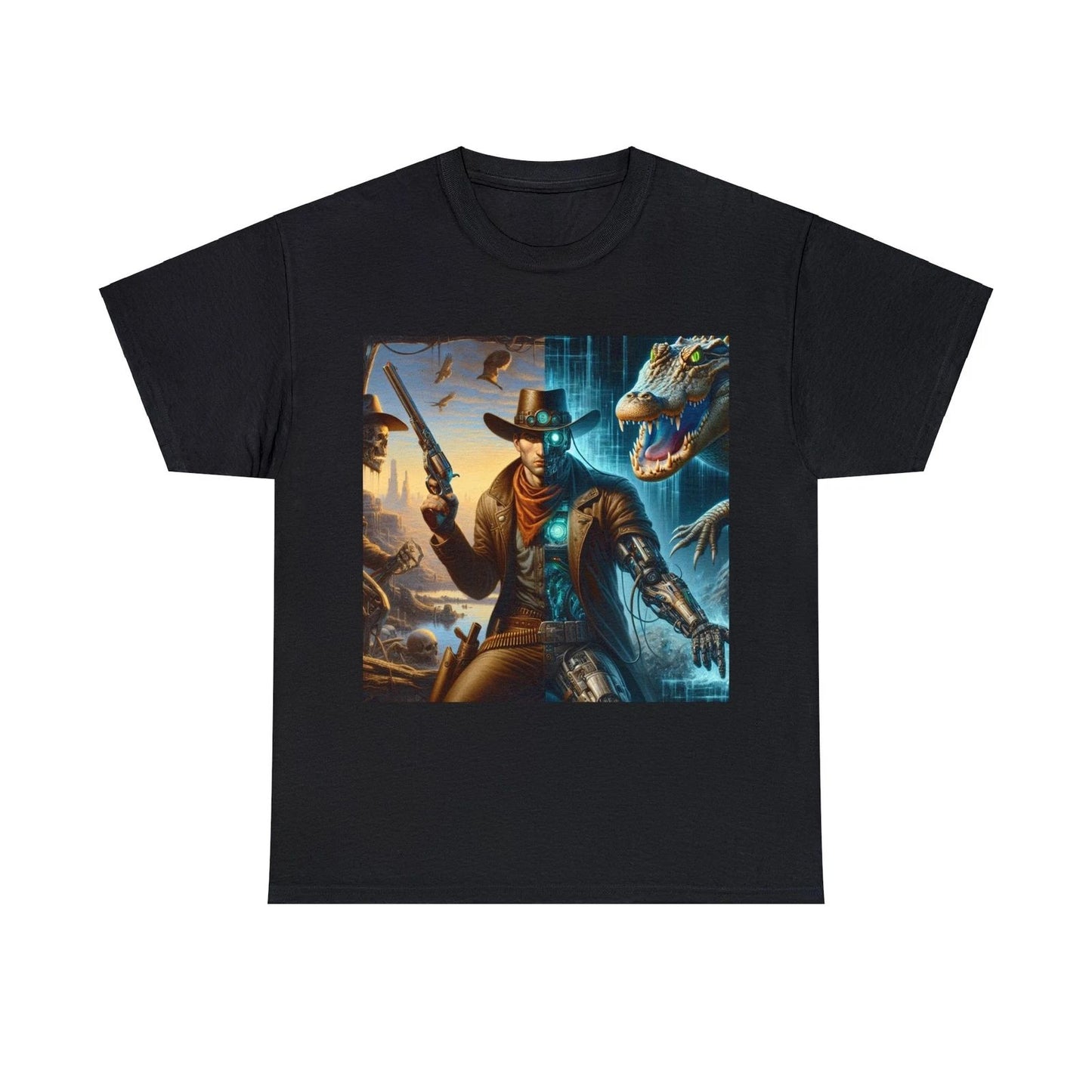 Streetwear Designer Unisex T Shirt Cyber Cowboy & Alligator Sci-Fi Weird Tee