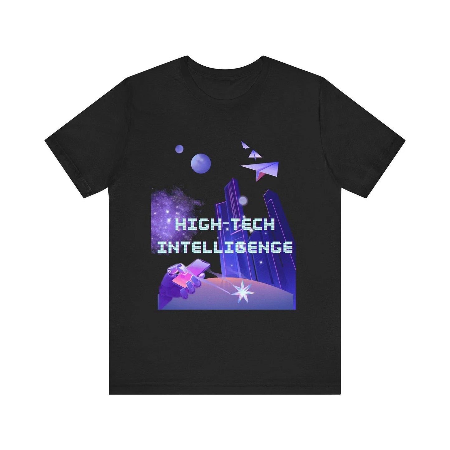 High-Tech Intelligence Tee | Futuristic Space Robots, Pixel Text Unisex T Shirt