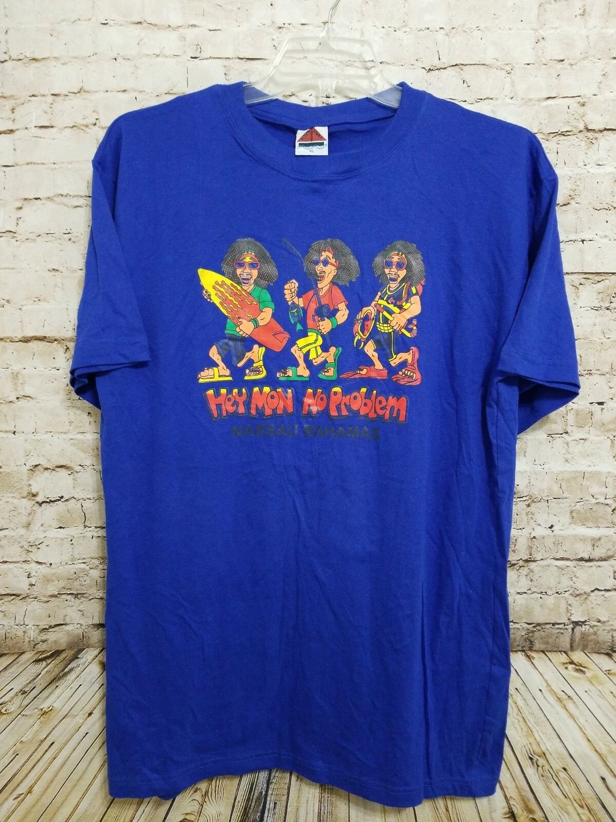 Bahama Sport Hey Mon No Problem Nassau Bahamas Graphic Tshirt Sz XL Surf Blue