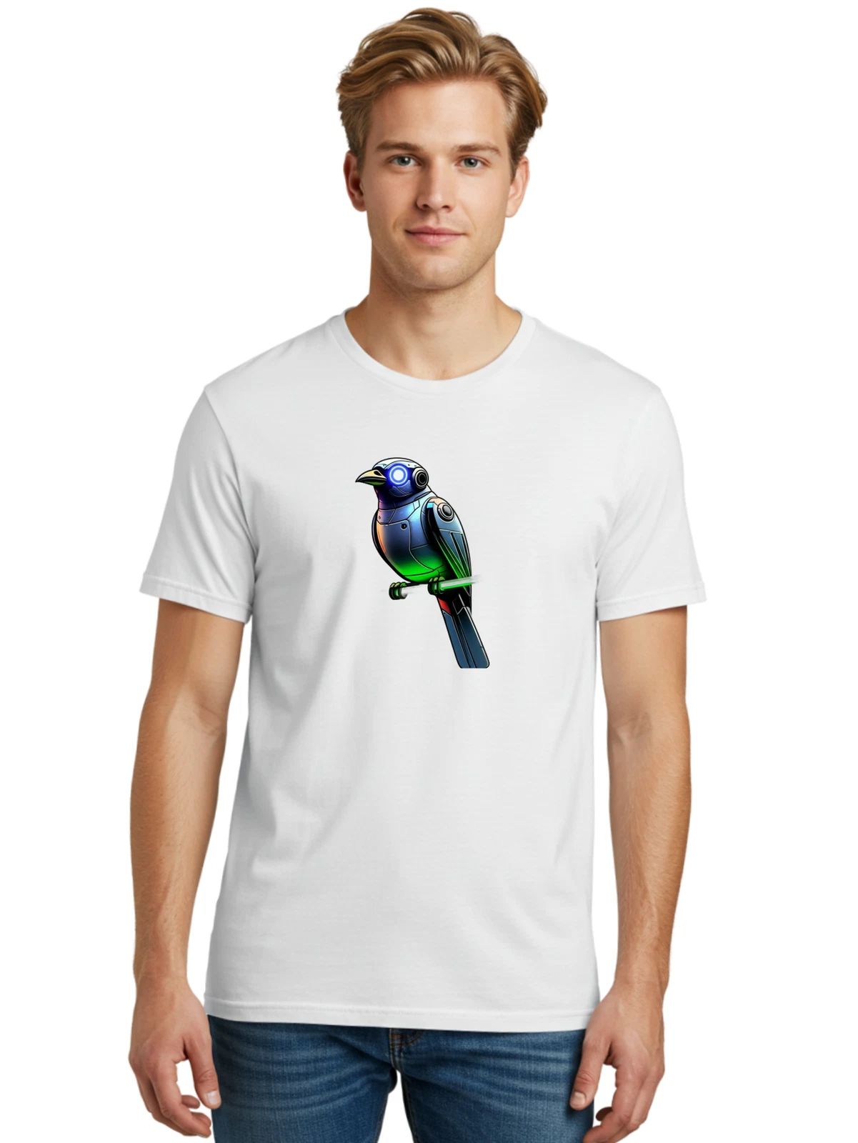 Robot-Bird Mens Graphic Tee, 100% Cotton, Casual Summer Wear