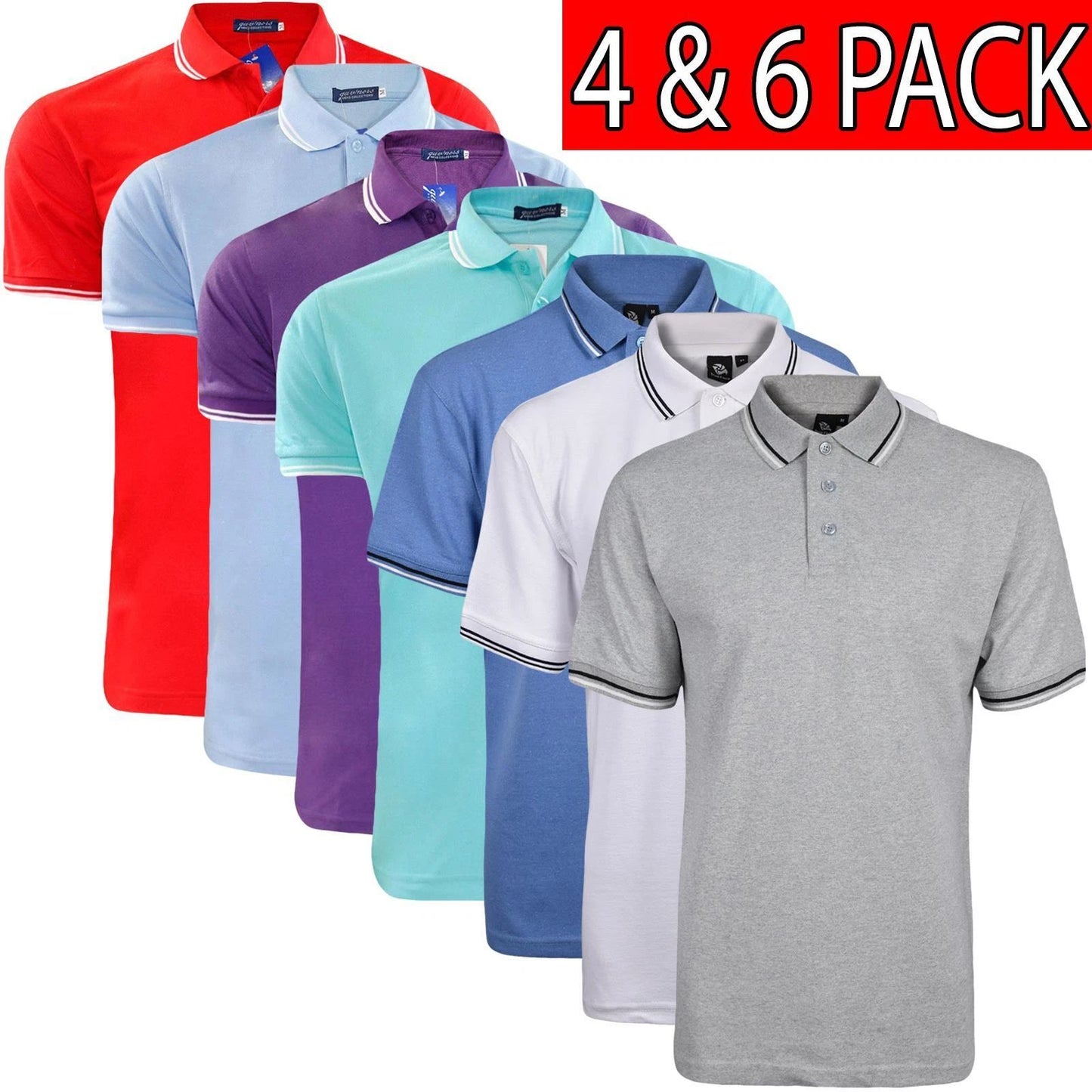 4,6 Pack Mens Plain Tipped Polo T Shirt Tipping Collar With Pocket Summer S-2XL