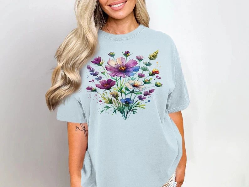 Floral Watercolor Comfort Tee Shirt Aesthetic Nature Design Soft Cotton Top