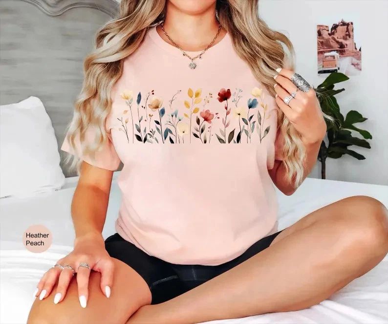 Vintage Pressed Flowers Comfort Tee Boho Floral Shirt Soft Relax