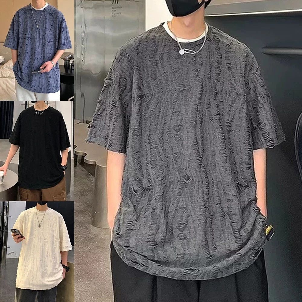 Trendy Men's Distressed Ripped Short Sleeve T Shirt for Warm Weather Activities