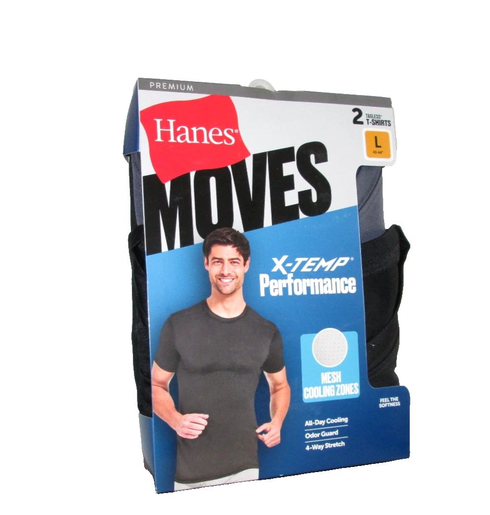 New Men's Hanes Moves 2 Pack Premium X-Temp Breathable Crew Neck T-Shirts Large