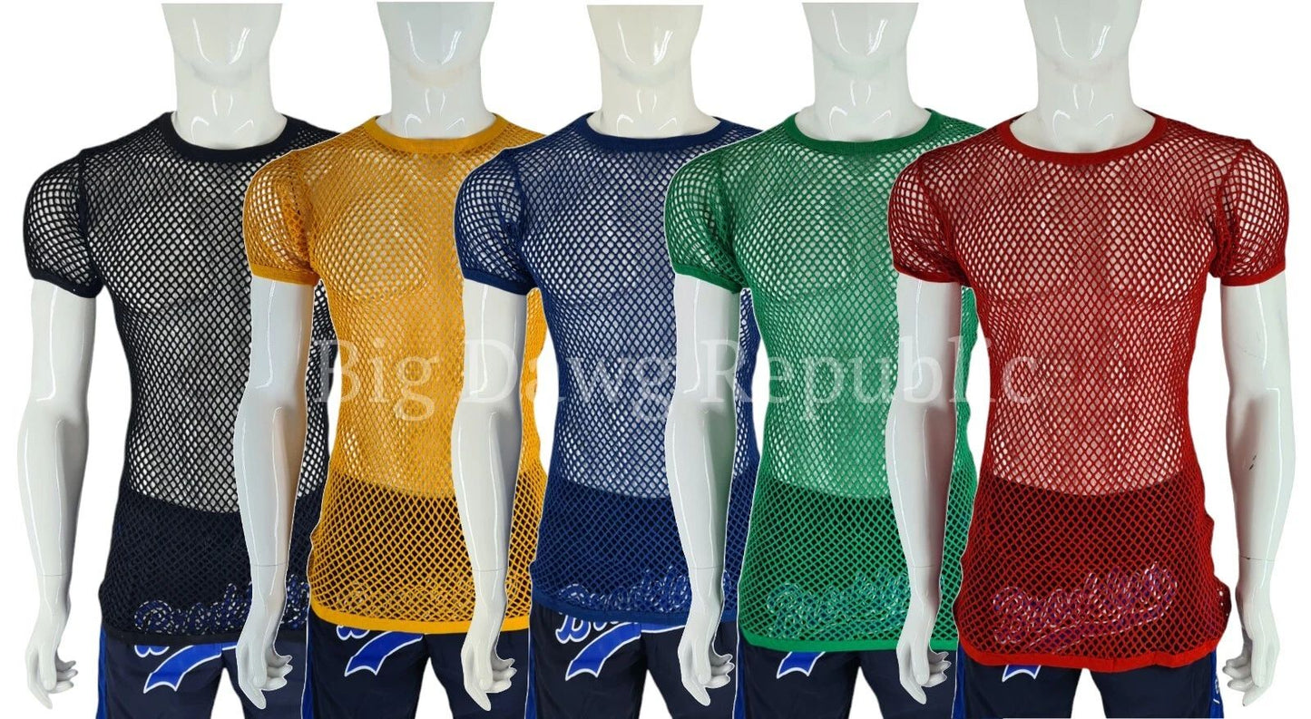 CRYSTAL Men's Fishnet Cotton Mesh T-Shirt Crew Neck Summer Fit All Sizes