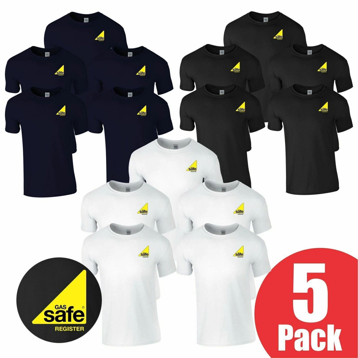 5 Pack Gas Safe Registered Printed T Shirts Workwear Pullover Gas Fitter Tees