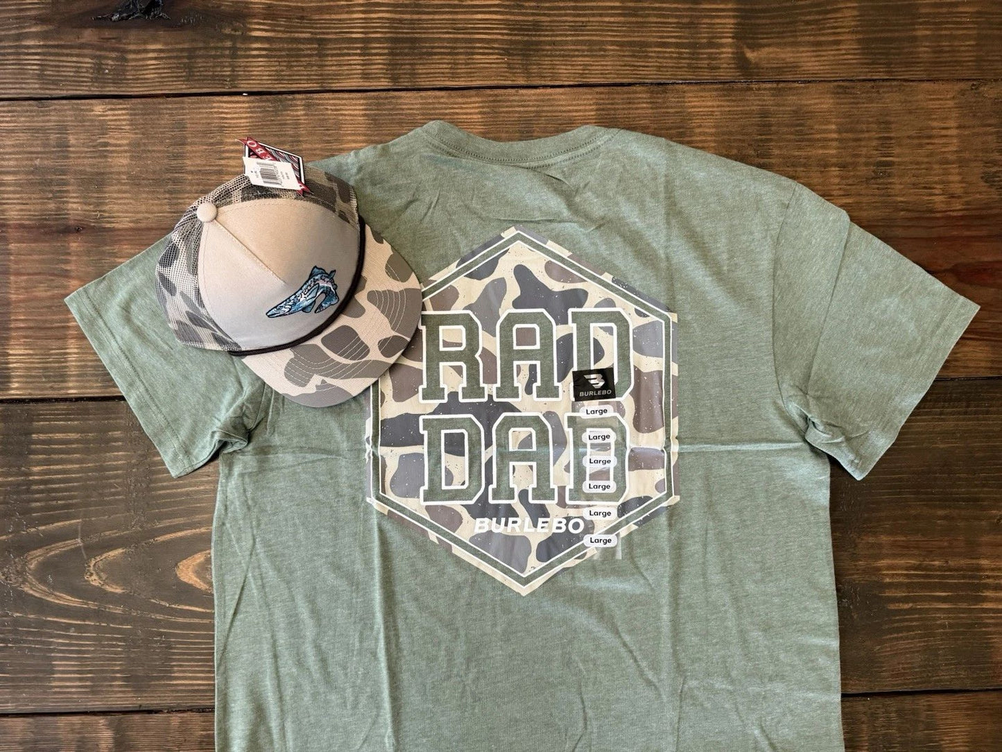 Burlebo Large “Rad Dad” Tee & “Retro Camo Trout” Adjustable Cap New With Tags