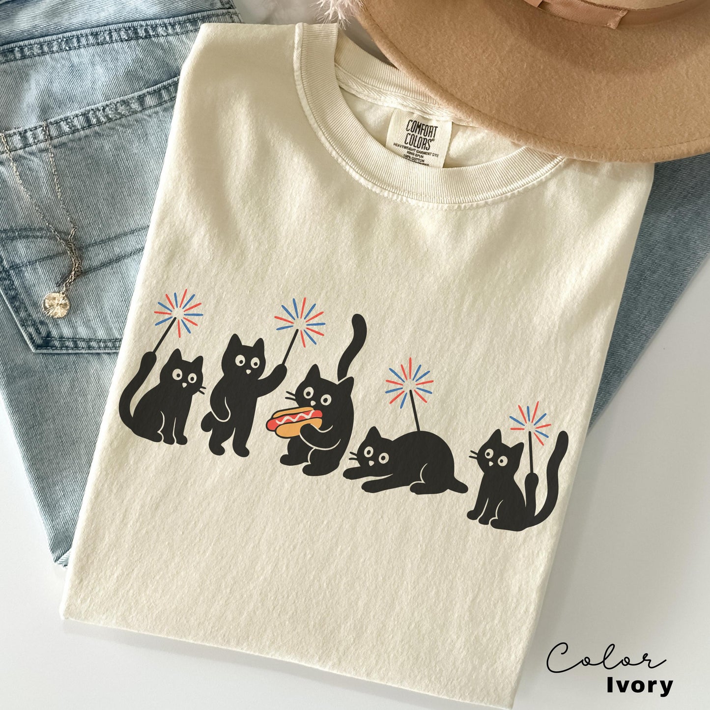 4th July Ca Cats Comfort Colors Cat Lovers Cat Mom Usa Patriotic Tee Black Cat Tee Kitten (1)