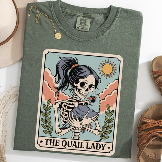 Quail Lady Skeleton Holding Quail Tee Bird Mom Quail Lover Halloween Bird Spooky Quail Owner Tee (1)