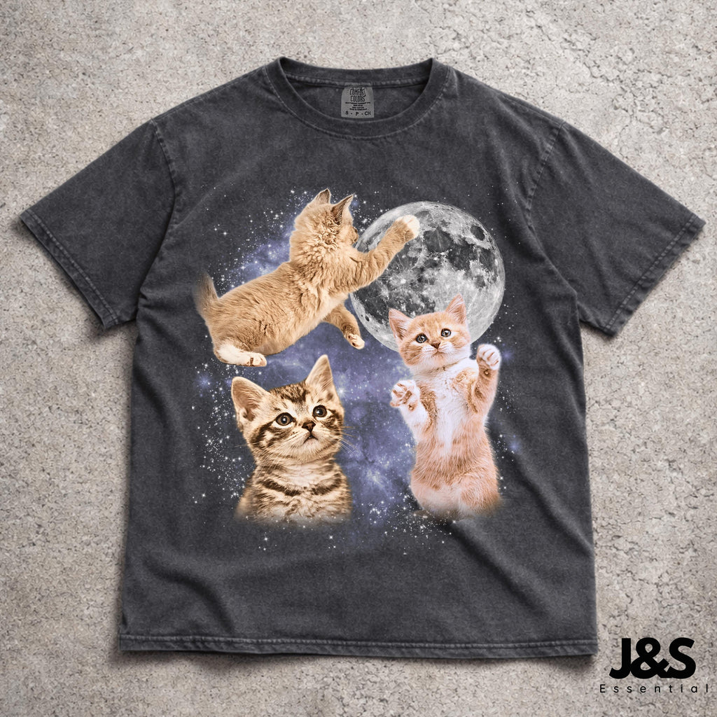 Three Cats Retro Moon Vintage Cat Moonmeme Cat Lovers Cat Tee Oversized Washed Tee Weird Meme (1)