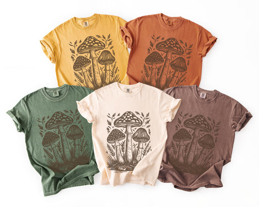 Cottagecore Mushroom Woodcut Comfort Colors Vint Linocut Mushroom Tee Nature Lover Fall Boho Retro (1)