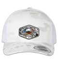 American Blue Crab 6 Panel Trucker Snap Back Mulitcam Alpine White Hat