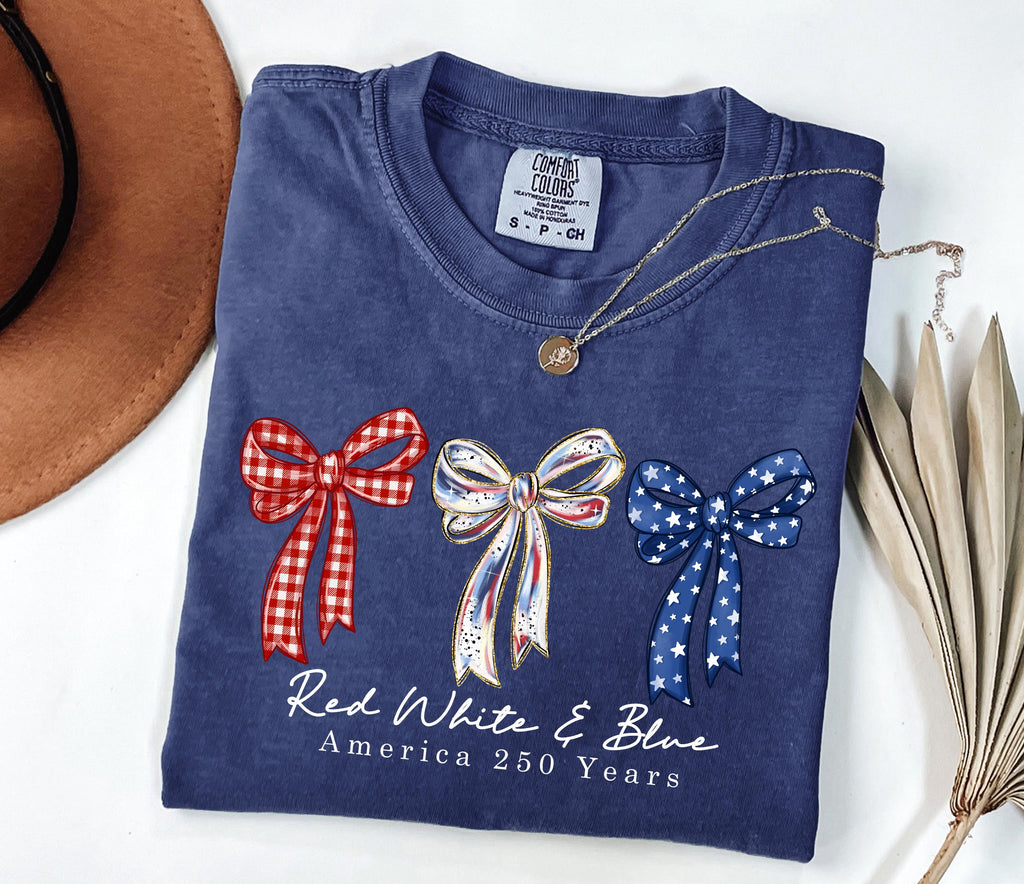 Comfort Colors Preppy Coquette Red White Blue Bow Floral Patriotic America 250 Years Independence Day (2)