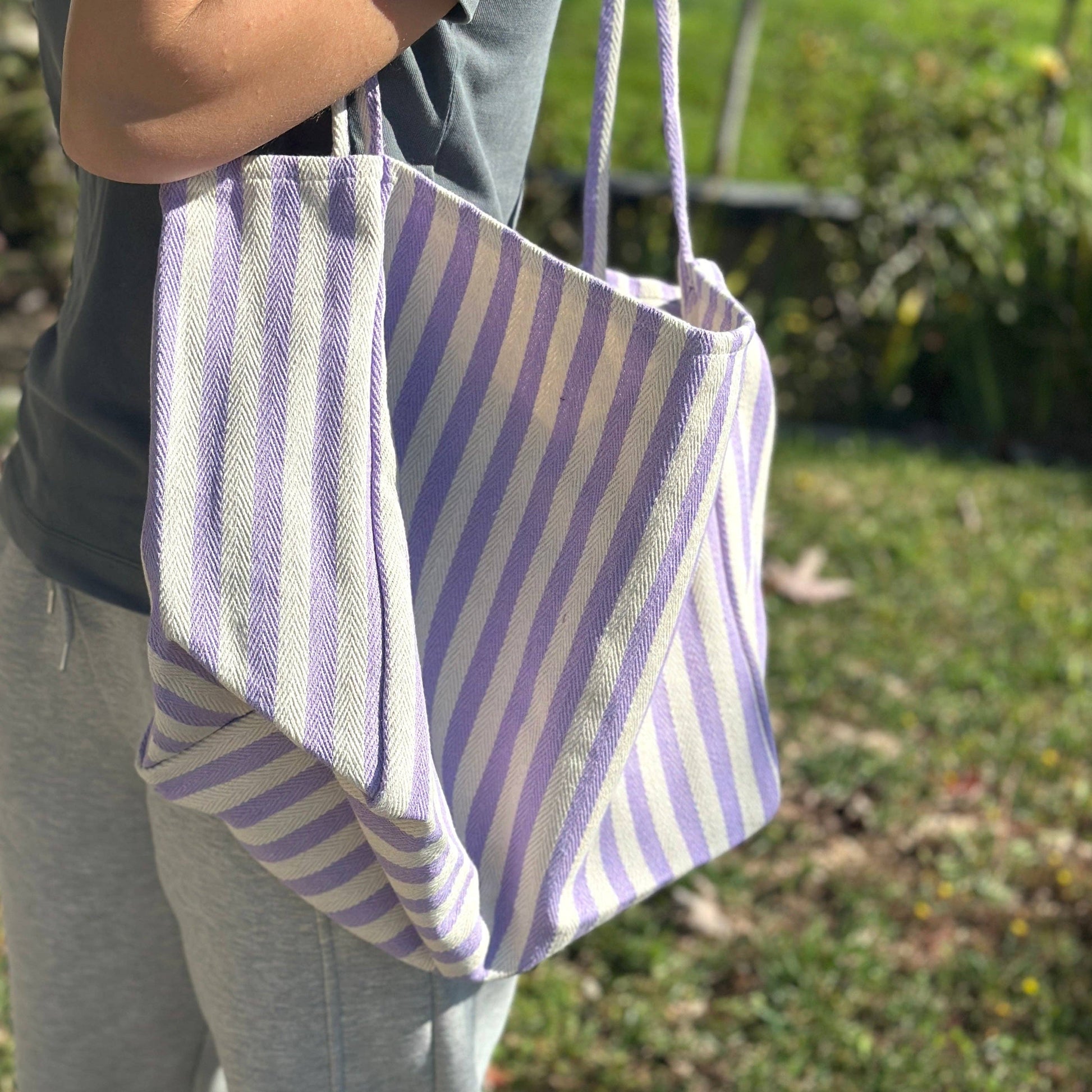 Purple & Cream Striped Tote Bag, Large Shoulder Bag, Beach Bag, Summer Market Bag, Casual Everyday Tote, Travel Bag, Boho Striped Handbag, Gift For Her (Copy) (Copy) (Copy)