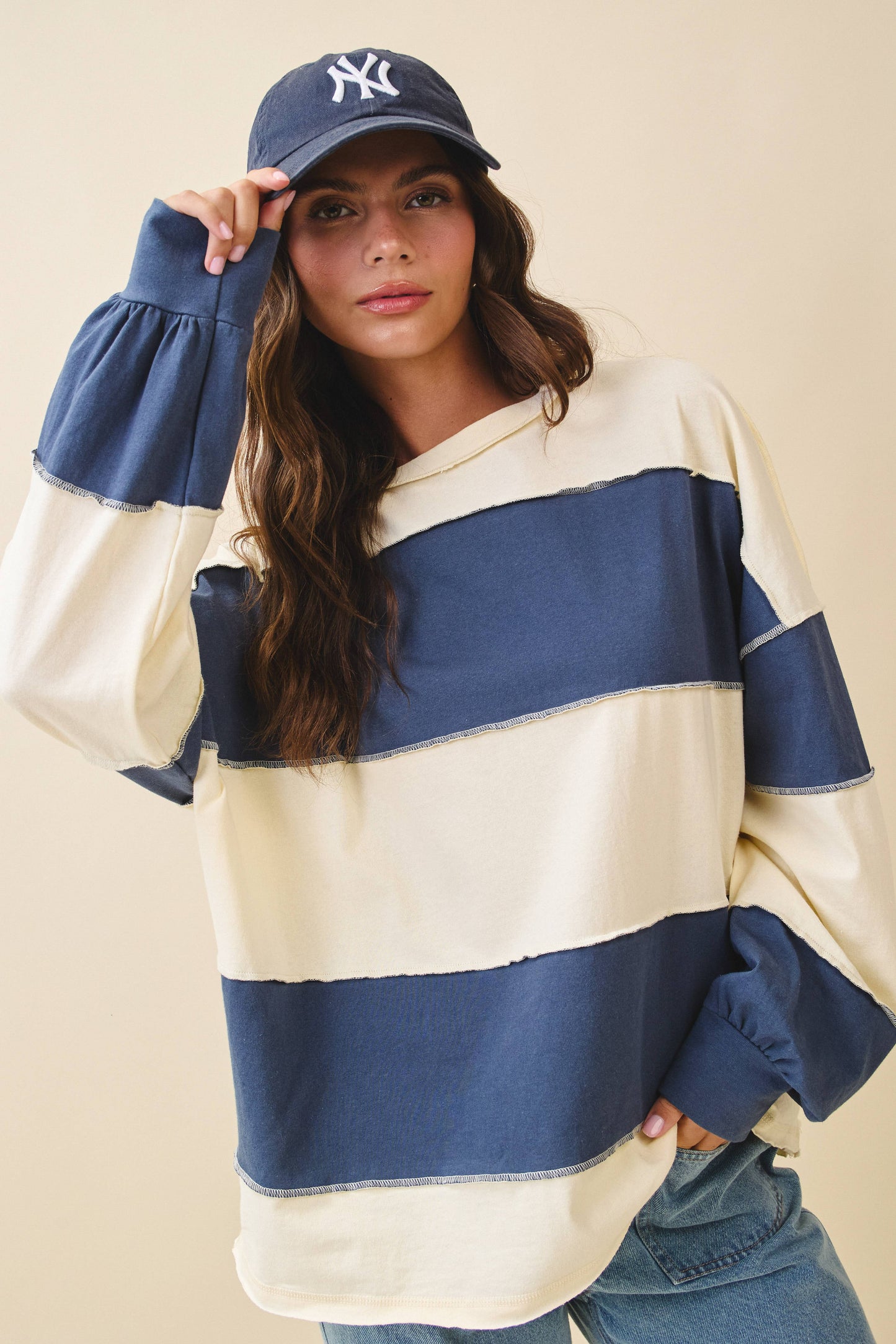 8551GN Contrast Panel Long Sleeve Slouchy Top