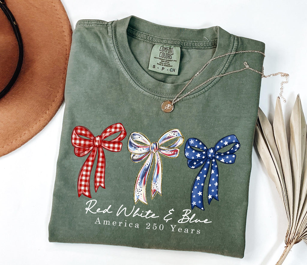 Comfort Colors Preppy Coquette Red White Blue Bow Floral Patriotic America 250 Years Independence Day (3)