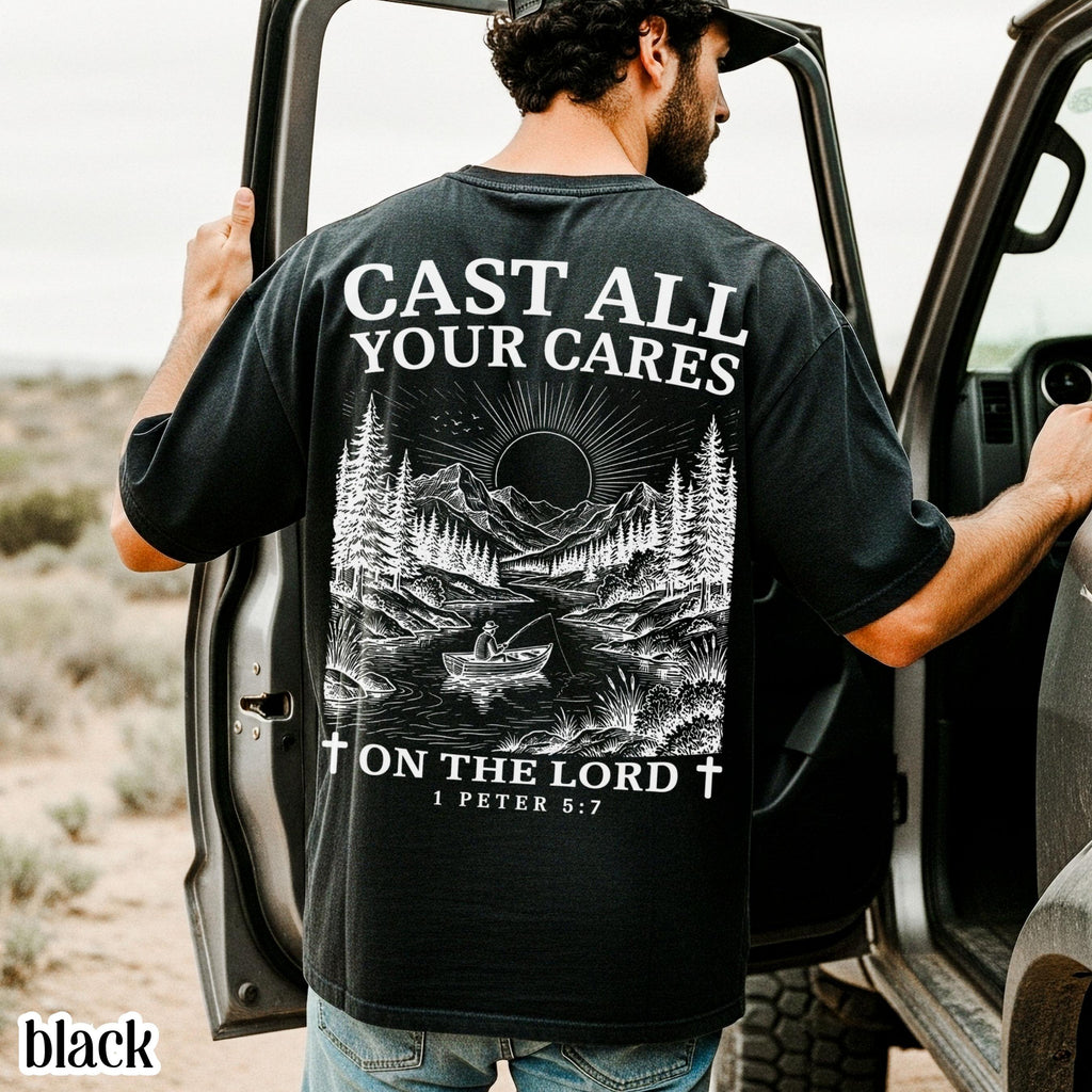 Christian Comfort Colors Cast Cares Lord Peter Nature River Fishing Boat Tee Faith Bible Verse Religious (4)