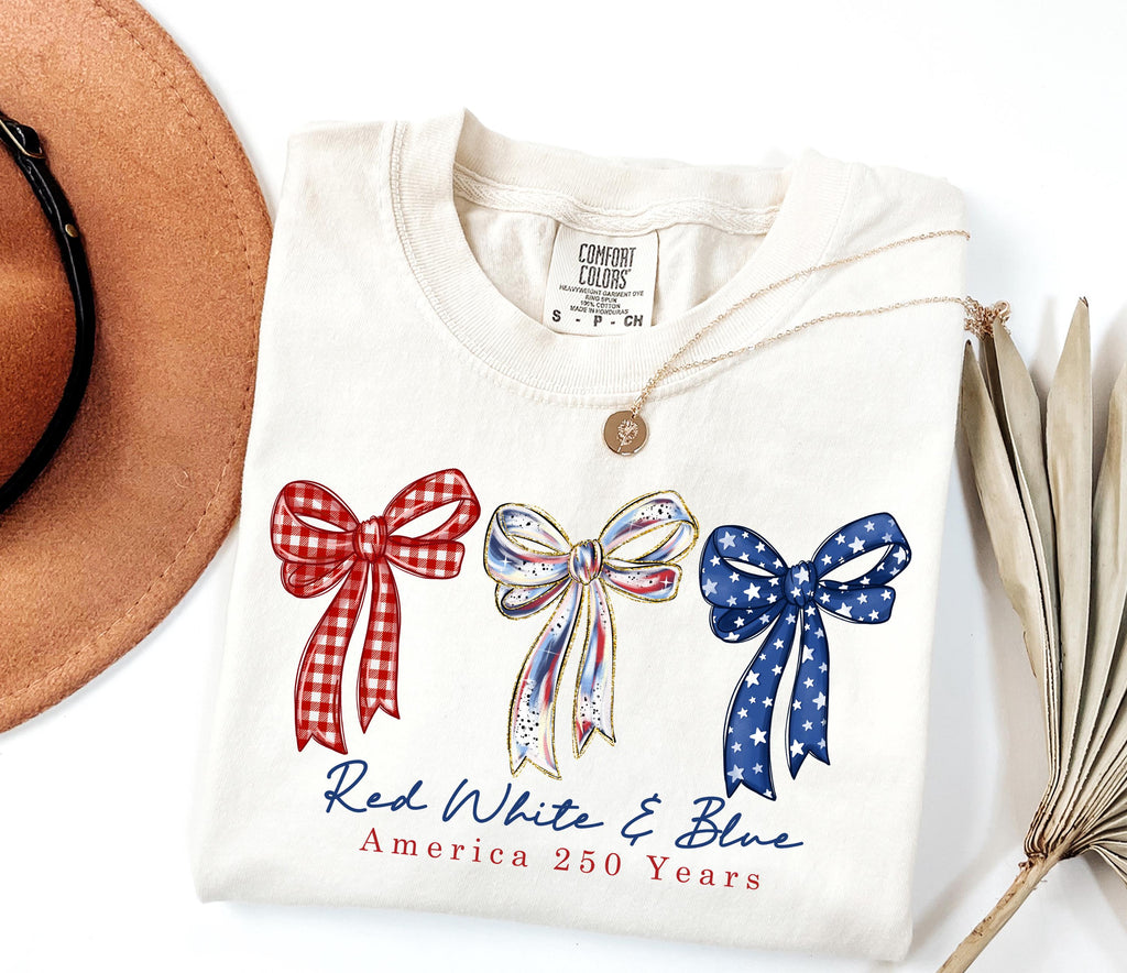 Comfort Colors Preppy Coquette Red White Blue Bow Floral Patriotic America 250 Years Independence Day (4)