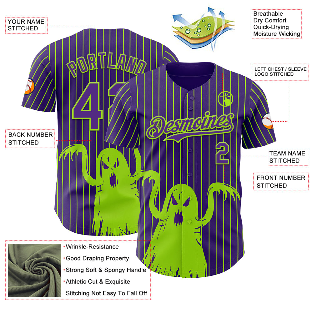 Custom Purple Neon Green Pinstripe Neon Green 3D Halloween Spooky Party Costume Ideas Authentic Baseball Jersey