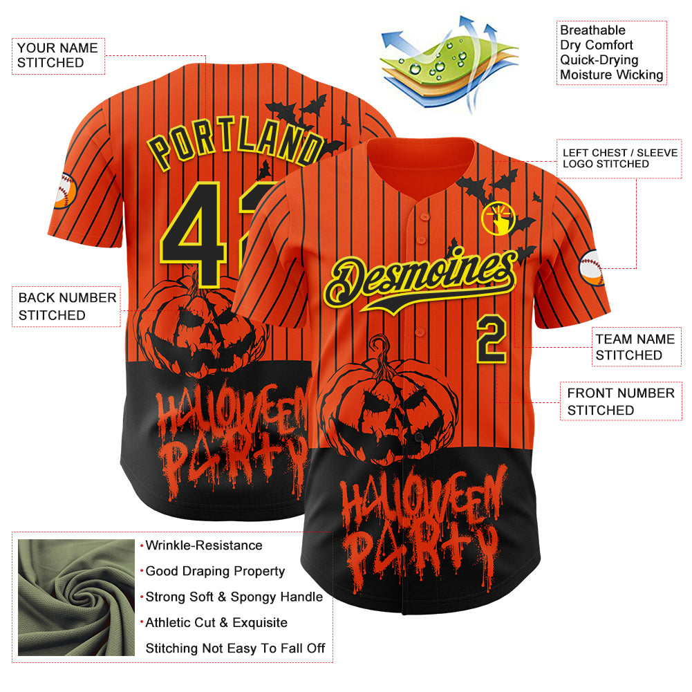 Custom Orange Black Pinstripe Light Yellow 3D Halloween Pumpkin Party Costume Ideas Authentic Baseball Jersey