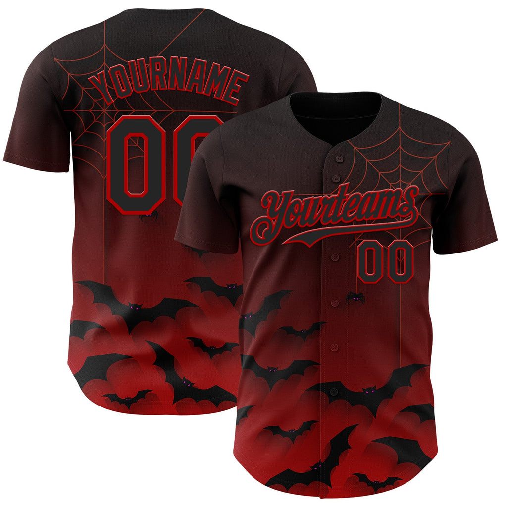 Custom Black Red 3D Halloween Spider Net Bats Party Costume Ideas Authentic Baseball Jersey