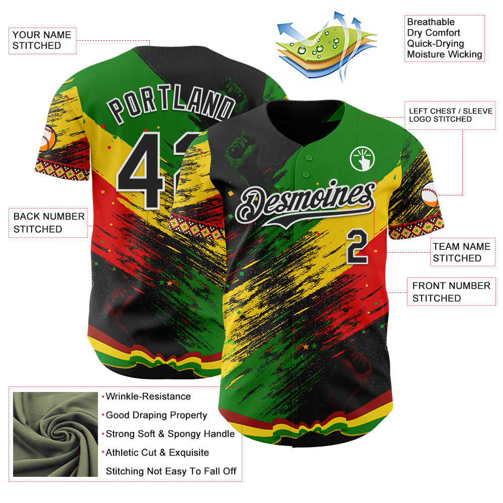 Custom Black Green Yellow Red-White Black History Month Africa Tribal Authentic Baseball Jersey