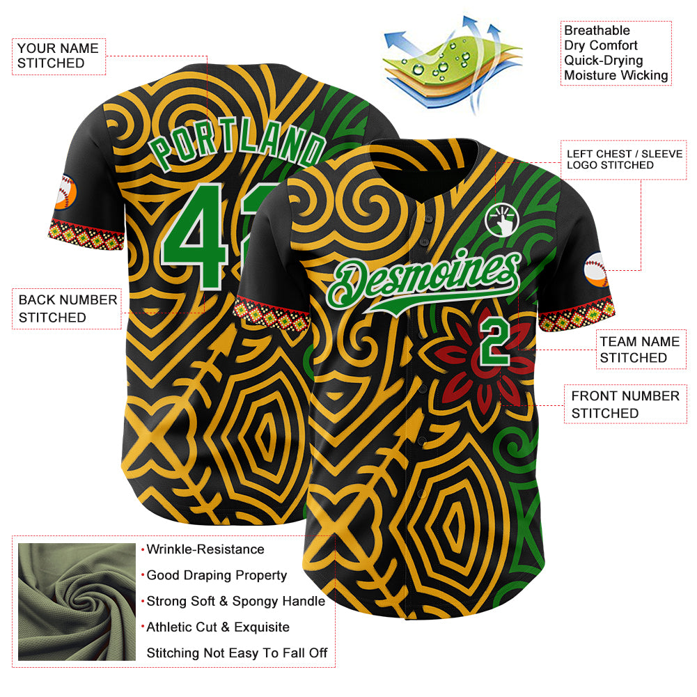 Custom Black Grass Green Gold Red-White Black History Month Africa Tribal Authentic Baseball Jersey
