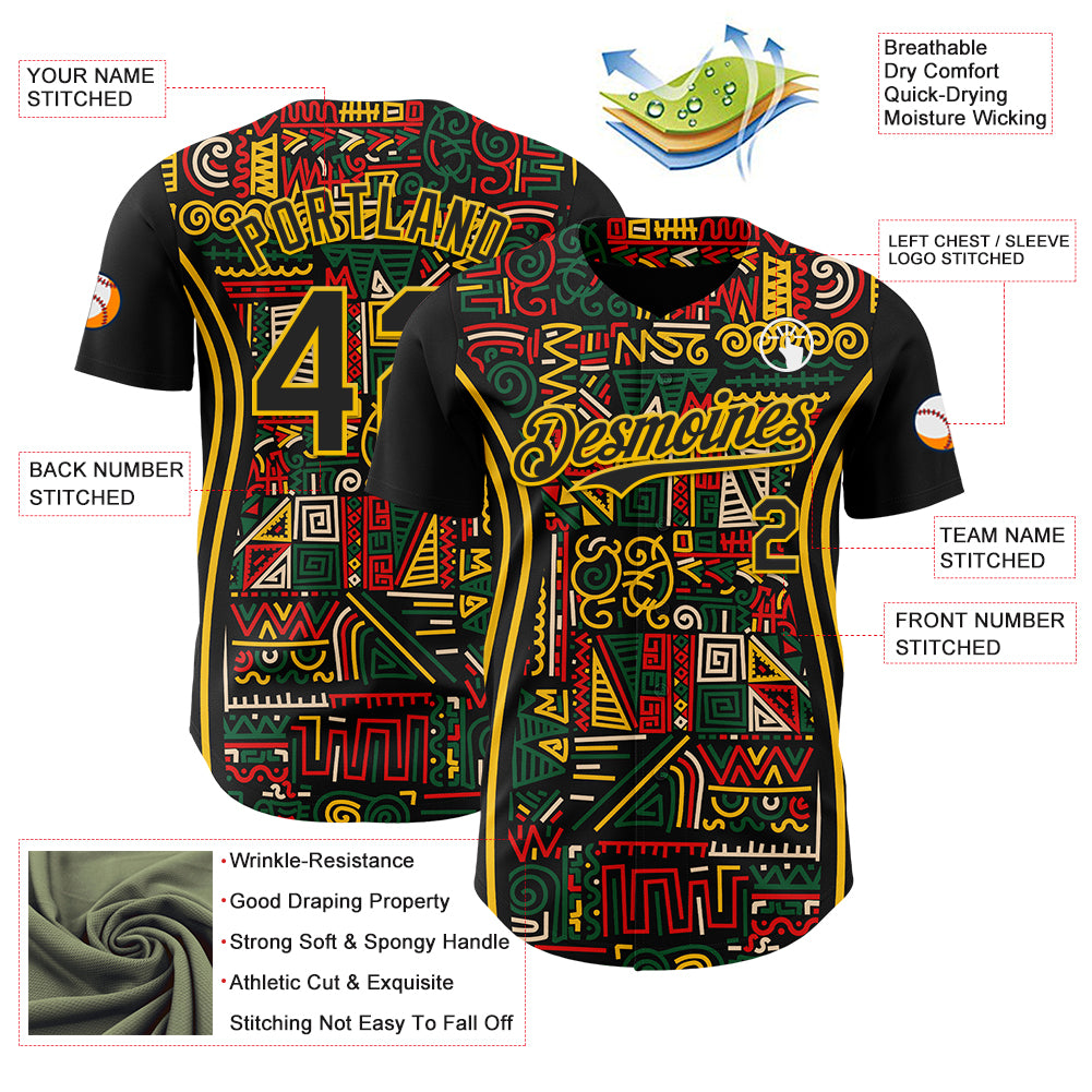 Custom Black Yellow Green-Red 3D Pattern Design Black History Month African Ethnicity Style Abstract Geometric Authentic Baseball Jersey