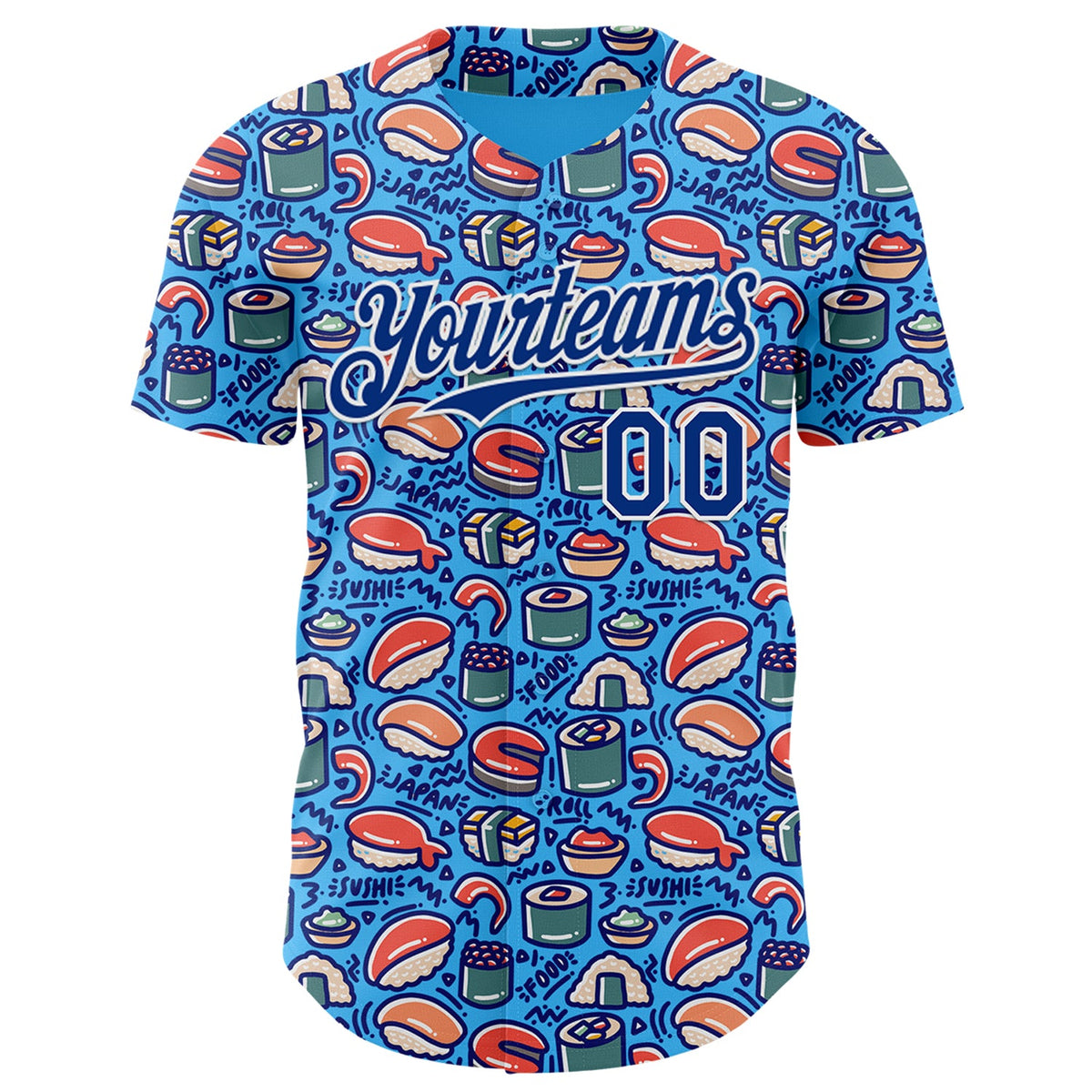 Custom Sky Blue Royal-White Foodie Sushi Doodle Authentic Baseball Jersey