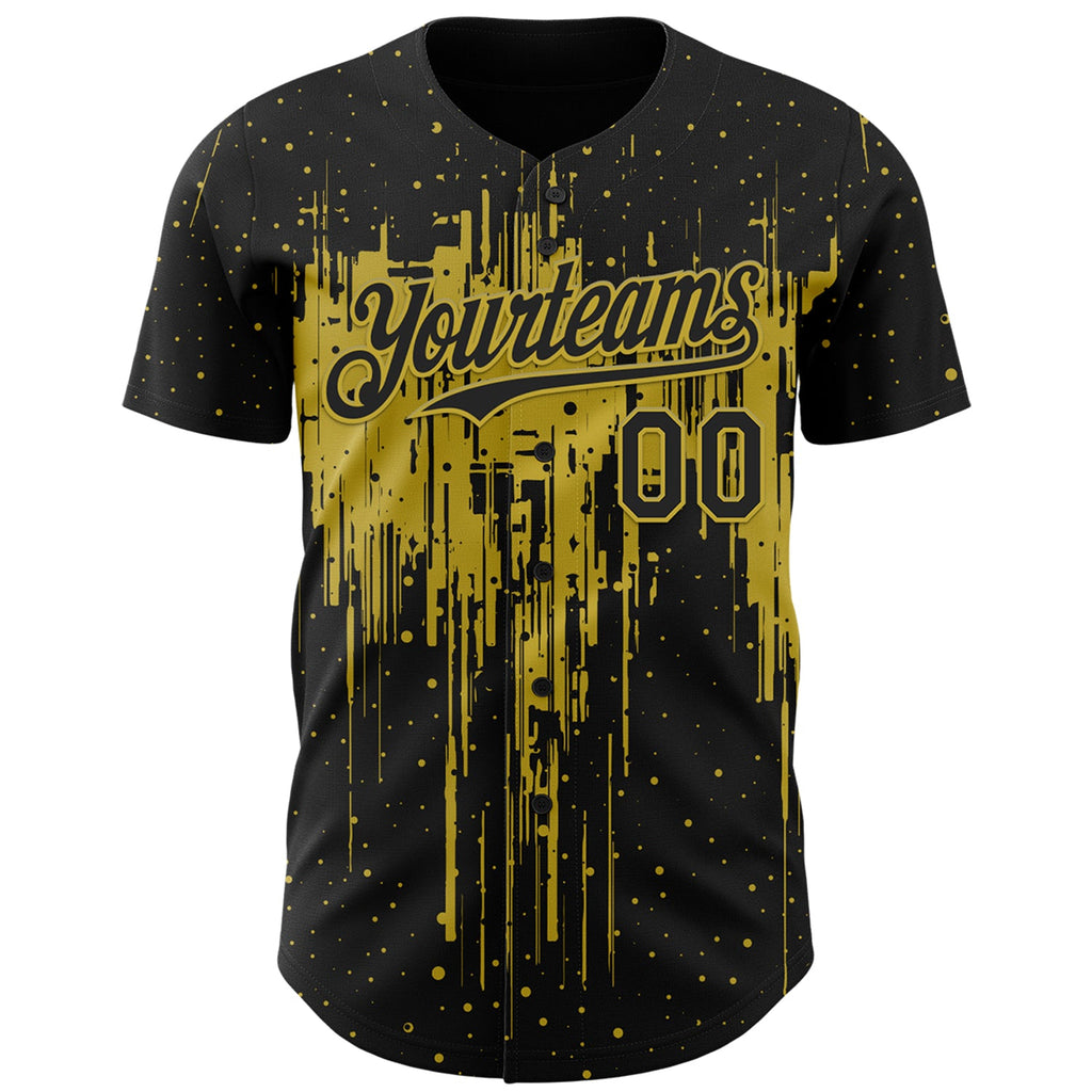 Custom Black Old Gold Dripping Splatter Paint Authentic Baseball Jersey