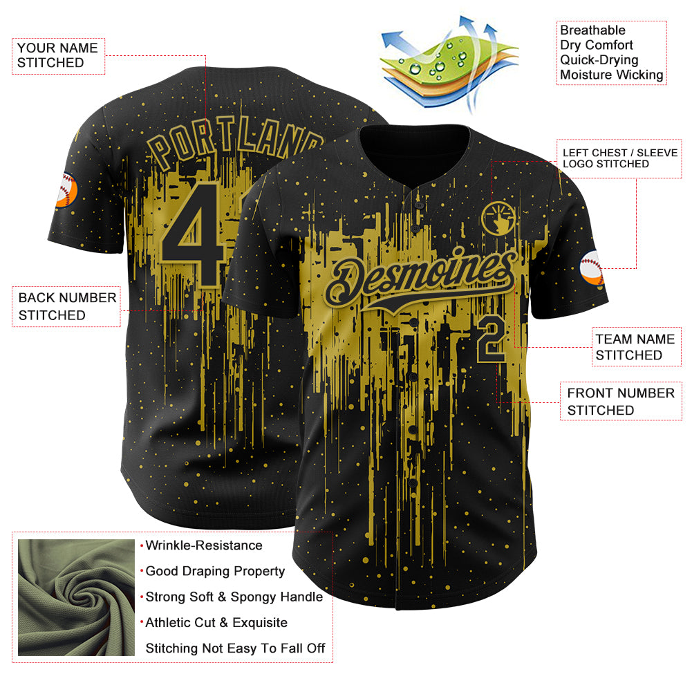 Custom Black Old Gold Dripping Splatter Paint Authentic Baseball Jersey