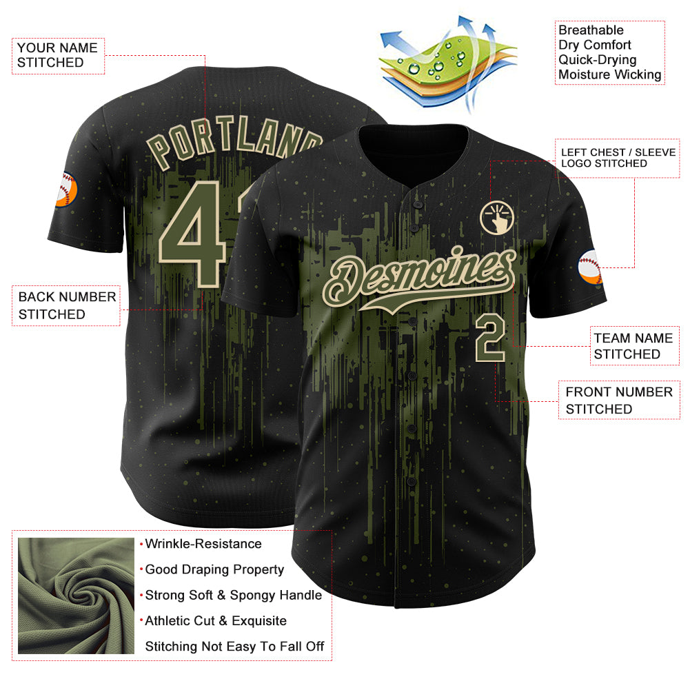 Custom Black Olive-Cream Dripping Splatter Paint Authentic Baseball Jersey