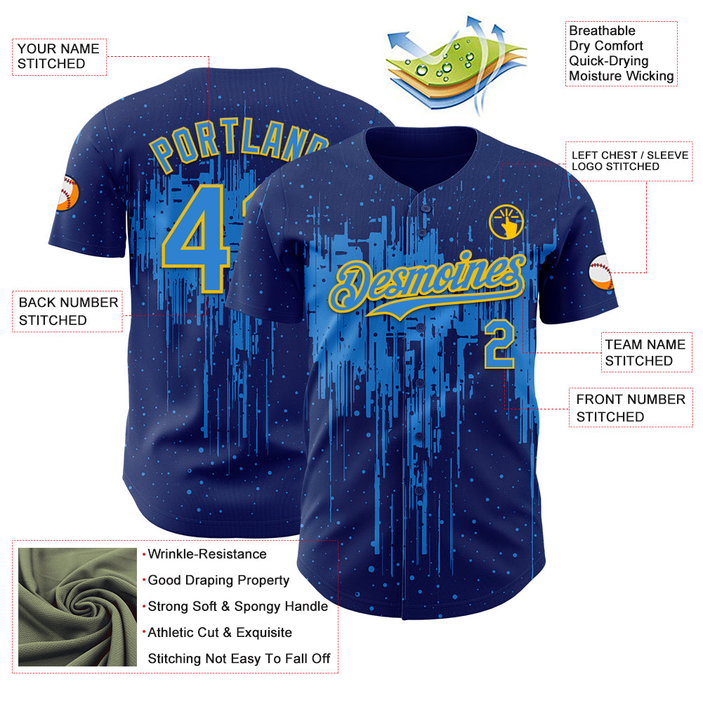 Custom Royal Powder Blue-Yellow Dripping Splatter Paint Authentic Baseball Jersey