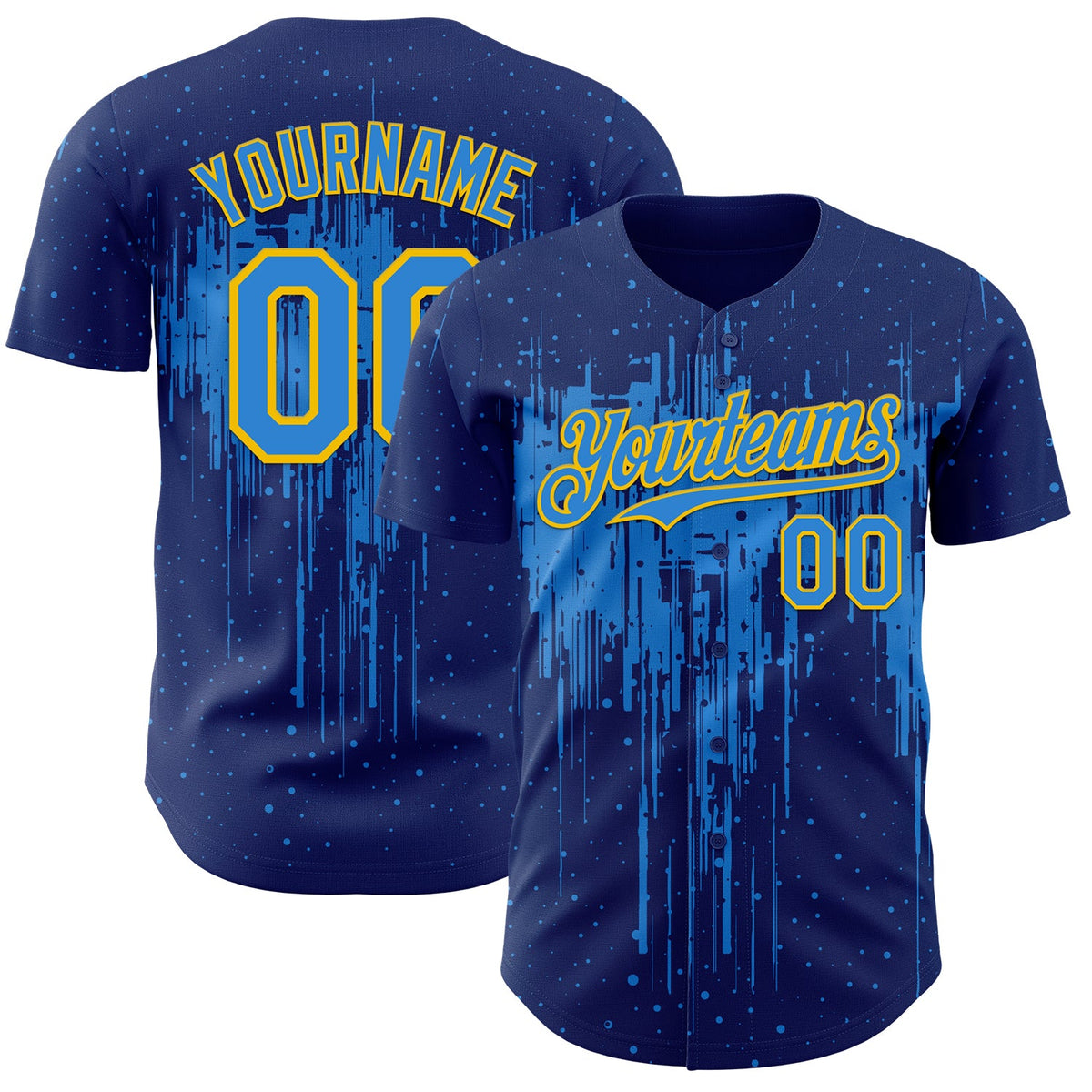 Custom Royal Powder Blue-Yellow Dripping Splatter Paint Authentic Baseball Jersey