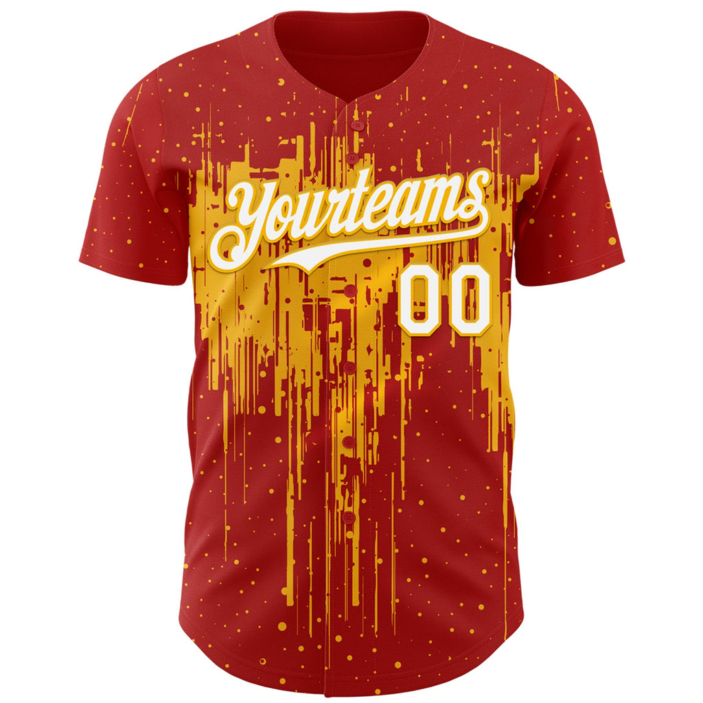 Custom Red White-Gold Dripping Splatter Paint Authentic Baseball Jersey