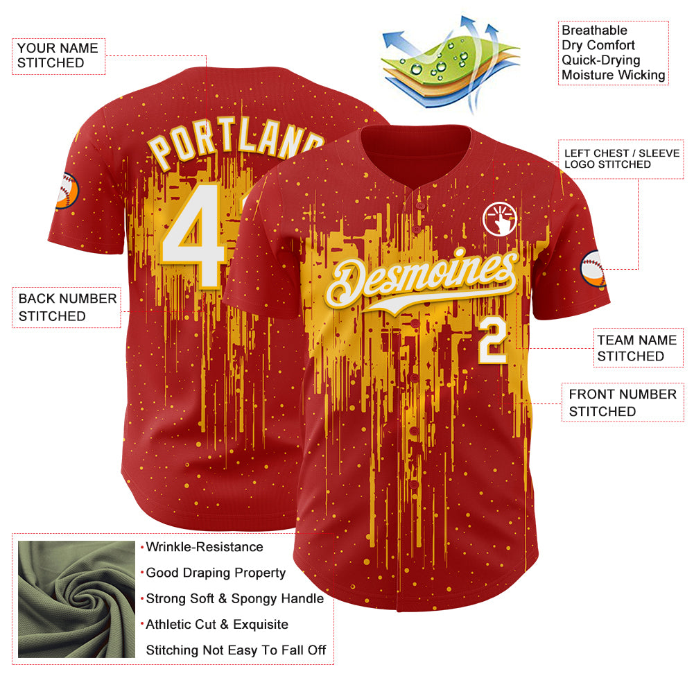 Custom Red White-Gold Dripping Splatter Paint Authentic Baseball Jersey