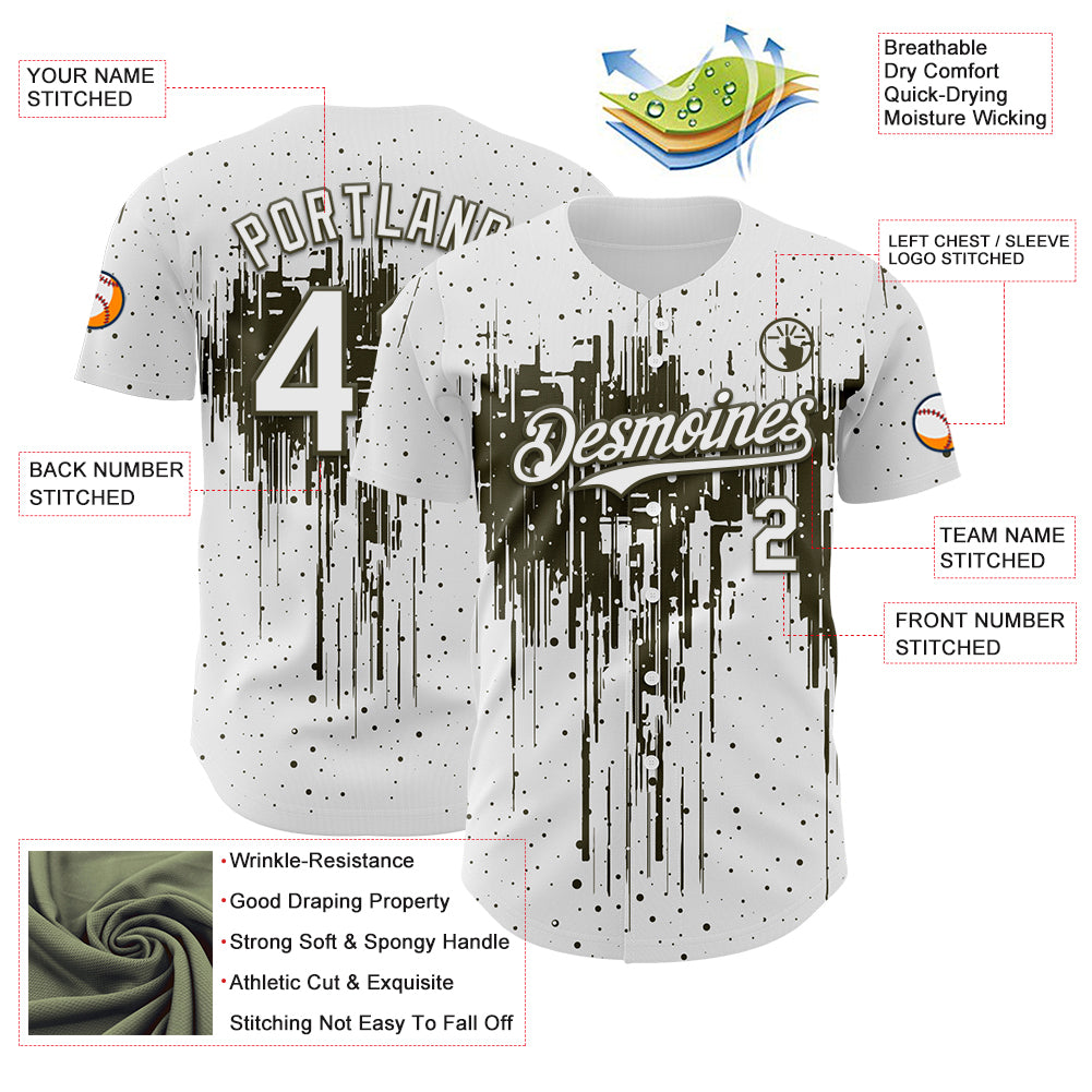 Custom White Olive Dripping Splatter Paint Authentic Baseball Jersey