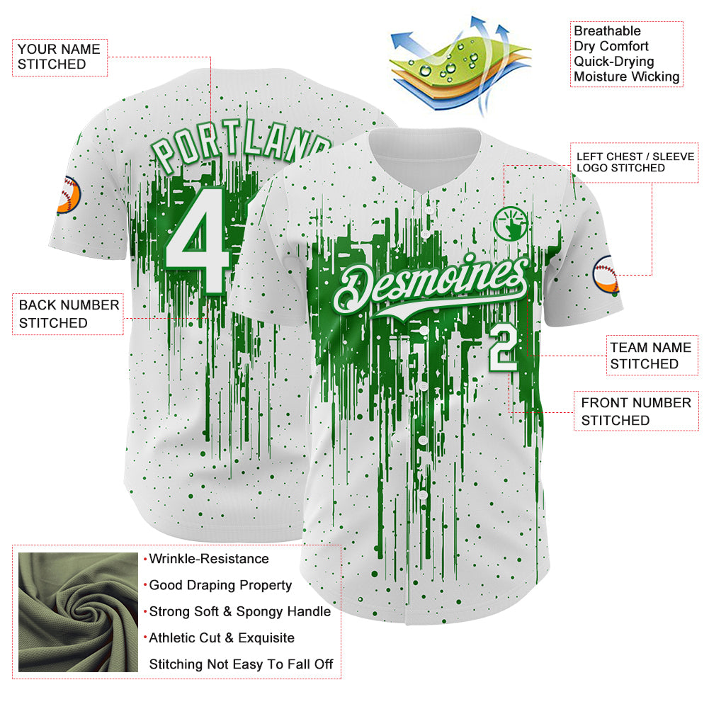 Custom White Grass Green Dripping Splatter Paint Authentic Baseball Jersey