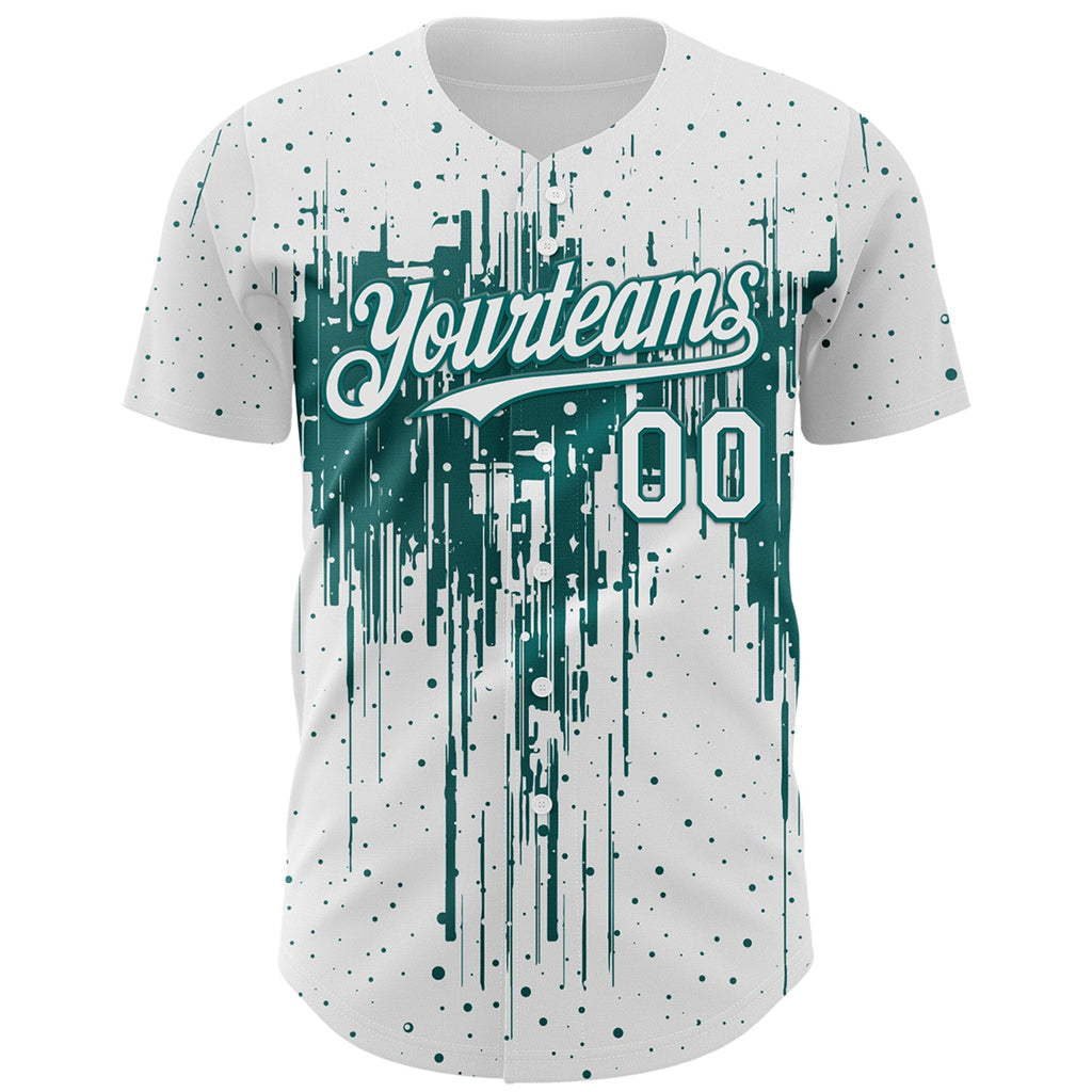 Custom White Teal Dripping Splatter Paint Authentic Baseball Jersey