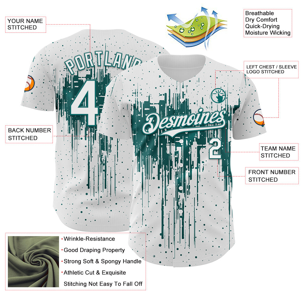 Custom White Teal Dripping Splatter Paint Authentic Baseball Jersey